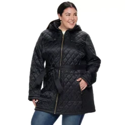 Plus Size Nine West Hooded Diamond-Quilted Belted Jacket