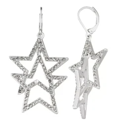 Nine West Silver Tone & Simulated Crystal Double Star Drop Earrings