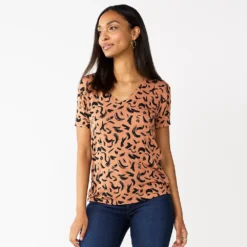 Women's Nine West Essential V-Neck Tee -Deals My Glow Wardrobe Store 4841148 Black Brown Strokes