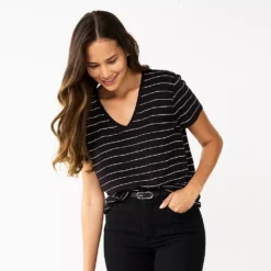 Women's Nine West Essential V-Neck Tee -Deals My Glow Wardrobe Store 4841148 Black White Stripe