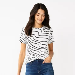 Women's Nine West Essential Crewneck Tee 137 Women's Nine West Essential Crewneck Tee -Deals My Glow Wardrobe Store 4911743 Black White Waves