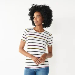 Women's Nine West Essential Crewneck Tee 177 Women's Nine West Essential Crewneck Tee -Deals My Glow Wardrobe Store 4911743 White Multi Stripe