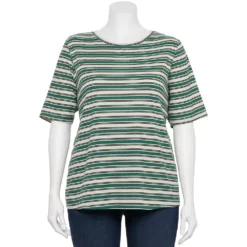 Plus Size Nine West Essential Elbow Sleeve Top -Deals My Glow Wardrobe Store 4950998 Teal Shine Stripe