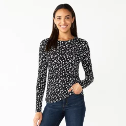 Women's Nine West Essential Soft-Spun Long Sleeve Crewneck Tee -Deals My Glow Wardrobe Store 4994081 Black Animal