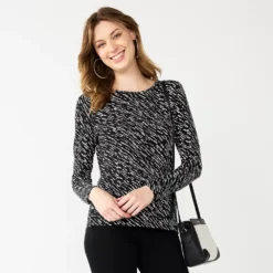 Women's Nine West Essential Soft-Spun Long Sleeve Crewneck Tee -Deals My Glow Wardrobe Store 4994081 Black Wood Diagonal