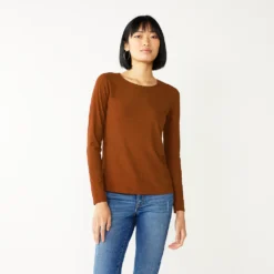 Women's Nine West Essential Soft-Spun Long Sleeve Crewneck Tee -Deals My Glow Wardrobe Store 4994081 Brown Brick Rib