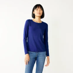 Women's Nine West Essential Soft-Spun Long Sleeve Crewneck Tee -Deals My Glow Wardrobe Store 4994081 Clara Purple Rib