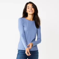 Women's Nine West Essential Soft-Spun Long Sleeve Crewneck Tee -Deals My Glow Wardrobe Store 4994081 Harper Blue Rib