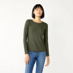 Women's Nine West Essential Soft-Spun Long Sleeve Crewneck Tee -Deals My Glow Wardrobe Store 4994081 Infantry Olive Rib