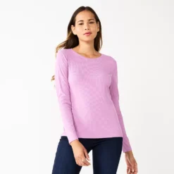 Women's Nine West Essential Soft-Spun Long Sleeve Crewneck Tee -Deals My Glow Wardrobe Store 4994081 Lupine Lilac Rib