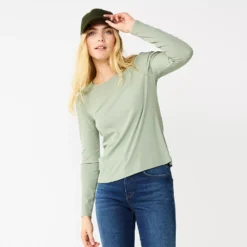 Women's Nine West Essential Soft-Spun Long Sleeve Crewneck Tee -Deals My Glow Wardrobe Store 4994081 Malou Green Rib