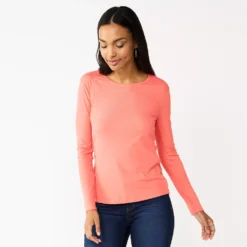 Women's Nine West Essential Soft-Spun Long Sleeve Crewneck Tee -Deals My Glow Wardrobe Store 4994081 Marine Coral Rib