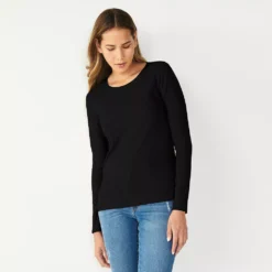 Women's Nine West Essential Soft-Spun Long Sleeve Crewneck Tee -Deals My Glow Wardrobe Store 4994081 Mineral Black Rib