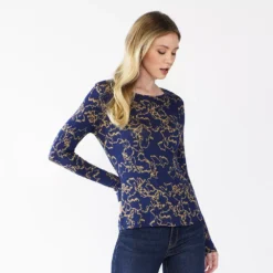 Women's Nine West Essential Soft-Spun Long Sleeve Crewneck Tee -Deals My Glow Wardrobe Store 4994081 Navy Vine Floral