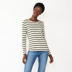 Women's Nine West Essential Soft-Spun Long Sleeve Crewneck Tee -Deals My Glow Wardrobe Store 4994081 Neutral Glitter Stripe