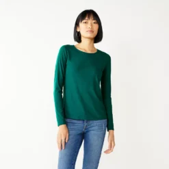 Women's Nine West Essential Soft-Spun Long Sleeve Crewneck Tee -Deals My Glow Wardrobe Store 4994081 Night Tide Rib