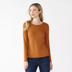 Women's Nine West Essential Soft-Spun Long Sleeve Crewneck Tee -Deals My Glow Wardrobe Store 4994081 Nutmeg Coffee