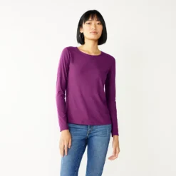 Women's Nine West Essential Soft-Spun Long Sleeve Crewneck Tee -Deals My Glow Wardrobe Store 4994081 Pansy Plum Rib