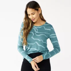 Women's Nine West Essential Soft-Spun Long Sleeve Crewneck Tee -Deals My Glow Wardrobe Store 4994081 Teal Wavy Stripe