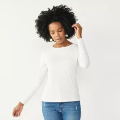 Women's Nine West Essential Soft-Spun Long Sleeve Crewneck Tee -Deals My Glow Wardrobe Store 4994081 White Knight Rib