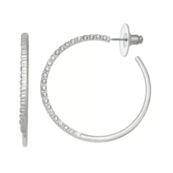 Nine West Silver Tone C Pave Hoop Earrings