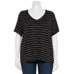 Plus Size Nine West Essential Soft Spun Short Sleeve V-Neck Top -Deals My Glow Wardrobe Store 5233799 Black White Stripe