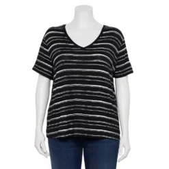 Plus Size Nine West Essential Soft Spun Short Sleeve V-Neck Top -Deals My Glow Wardrobe Store 5233799 Black White Stripes