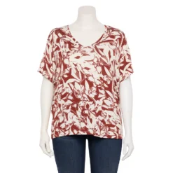 Plus Size Nine West Essential Soft Spun Short Sleeve V-Neck Top -Deals My Glow Wardrobe Store 5233799 Brown Tropical Floral