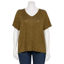 Plus Size Nine West Essential Soft Spun Short Sleeve V-Neck Top -Deals My Glow Wardrobe Store 5233799 Cognac Cobble Dot