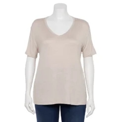 Plus Size Nine West Essential Soft Spun Short Sleeve V-Neck Top -Deals My Glow Wardrobe Store 5233799 Dusty Salt Heather