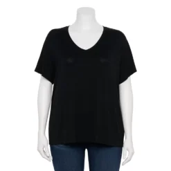 Plus Size Nine West Essential Soft Spun Short Sleeve V-Neck Top -Deals My Glow Wardrobe Store 5233799 Mineral Black