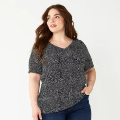 Plus Size Nine West Essential Soft Spun Short Sleeve V-Neck Top -Deals My Glow Wardrobe Store 5233799 Scribble Black Dot