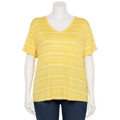 Plus Size Nine West Essential Soft Spun Short Sleeve V-Neck Top -Deals My Glow Wardrobe Store 5233799 Yellow Stripe