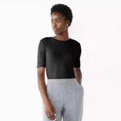 Women's Nine West Ribbed Fitted Elbow-Sleeve Tee -Deals My Glow Wardrobe Store 5236177 Black