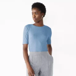 Women's Nine West Ribbed Fitted Elbow-Sleeve Tee -Deals My Glow Wardrobe Store 5236177 Kelly Lavender
