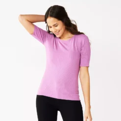 Women's Nine West Ribbed Fitted Elbow-Sleeve Tee -Deals My Glow Wardrobe Store 5236177 Lavender Mauve
