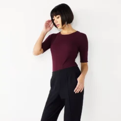Women's Nine West Ribbed Fitted Elbow-Sleeve Tee -Deals My Glow Wardrobe Store 5236177 Maddie Plum
