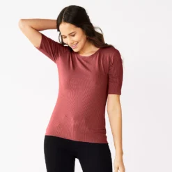 Women's Nine West Ribbed Fitted Elbow-Sleeve Tee -Deals My Glow Wardrobe Store 5236177 Marsala Flower