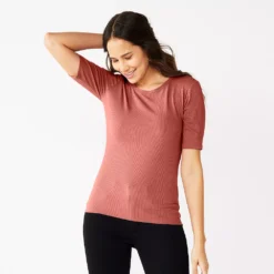 Women's Nine West Ribbed Fitted Elbow-Sleeve Tee -Deals My Glow Wardrobe Store 5236177 Mauve Jewel