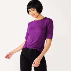 Women's Nine West Ribbed Fitted Elbow-Sleeve Tee -Deals My Glow Wardrobe Store 5236177 Pansy Plum