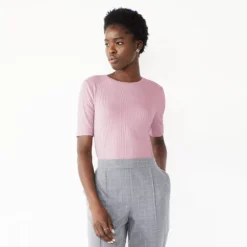 Women's Nine West Ribbed Fitted Elbow-Sleeve Tee -Deals My Glow Wardrobe Store 5236177 Pink Hoodie