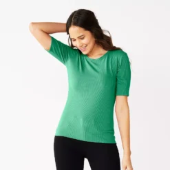 Women's Nine West Ribbed Fitted Elbow-Sleeve Tee -Deals My Glow Wardrobe Store 5236177 Reef Green