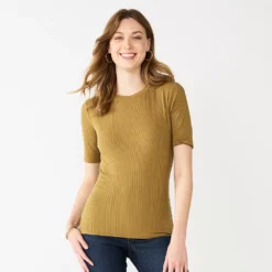 Women's Nine West Ribbed Fitted Elbow-Sleeve Tee -Deals My Glow Wardrobe Store 5236177 Sergio Olive