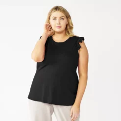 Plus Size Nine West Ruffle Shoulder Tank -Deals My Glow Wardrobe Store 5245346 Mineral Black