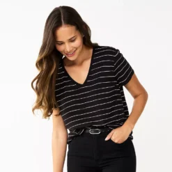 Petite Nine West Essential Short Sleeve V-Neck Tee -Deals My Glow Wardrobe Store 5246433 Black White Stripe