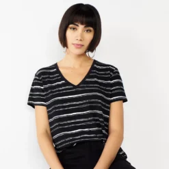 Petite Nine West Essential Short Sleeve V-Neck Tee -Deals My Glow Wardrobe Store 5246433 Black White Stripes
