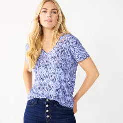 Petite Nine West Essential Short Sleeve V-Neck Tee -Deals My Glow Wardrobe Store 5246433 Blue Ikat Dot