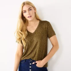 Petite Nine West Essential Short Sleeve V-Neck Tee -Deals My Glow Wardrobe Store 5246433 Brown Cobble Dot
