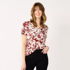 Petite Nine West Essential Short Sleeve V-Neck Tee -Deals My Glow Wardrobe Store 5246433 Brown Tropical Floral