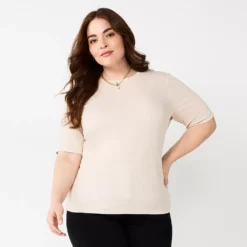 Plus Size Nine West Essential Fitted Elbow-Sleeve Tee -Deals My Glow Wardrobe Store 5247489 Tan